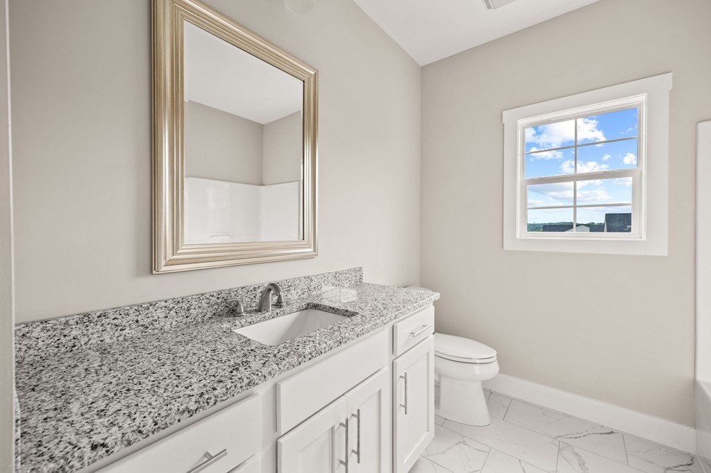 4595 Window Cliff Road Baxter, TN 38544 - Photo 24 of 30 a bathroom with a granite countertop sink a toilet and a mirror