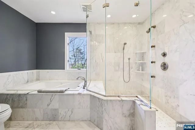 a bathroom with a bathtub and a shower