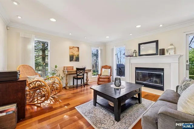 a living room with furniture a rug and a fireplace