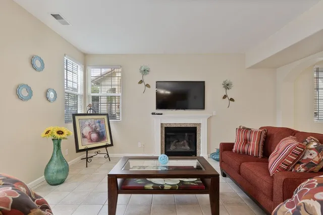 a living room with furniture a flat screen tv and a fireplace