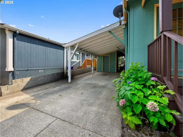 a view of backyard with potted plants and wooden fence