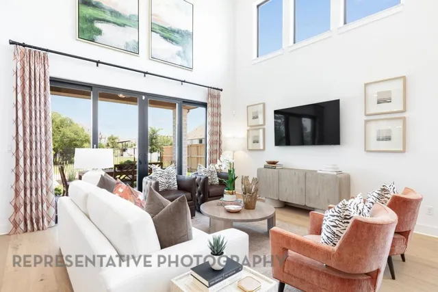 a living room with furniture tv and a floor to ceiling window