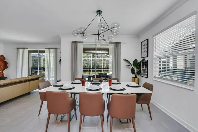 a view of a dining room with furniture window and outside view