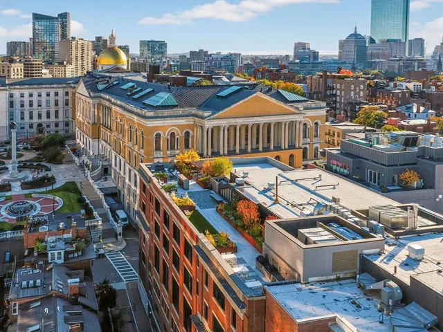 a city view with tall buildings