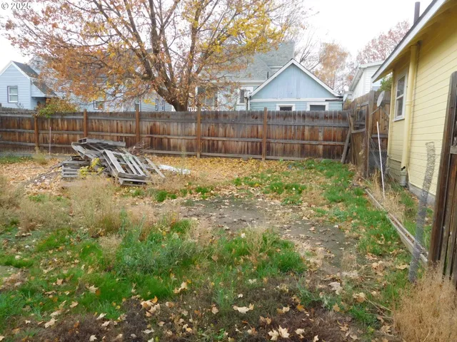 a view of a yard with a large tree and wooden fence