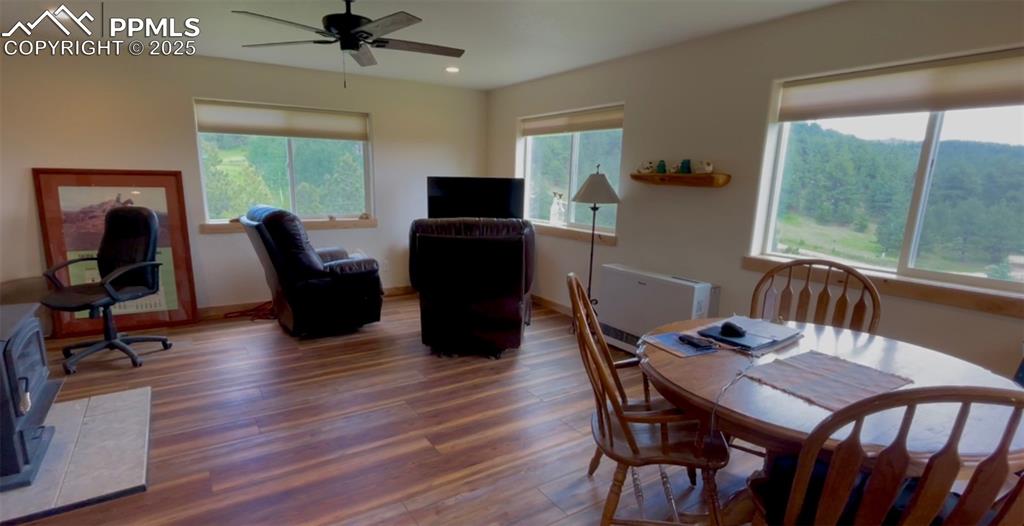 a view of a dining room with furniture window and wooden floor