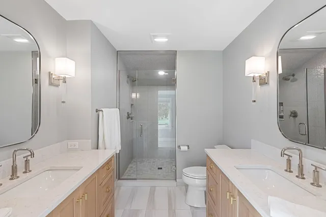 a bathroom with a sink a toilet a large mirror and shower