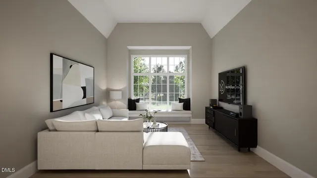 a living room with furniture and large window