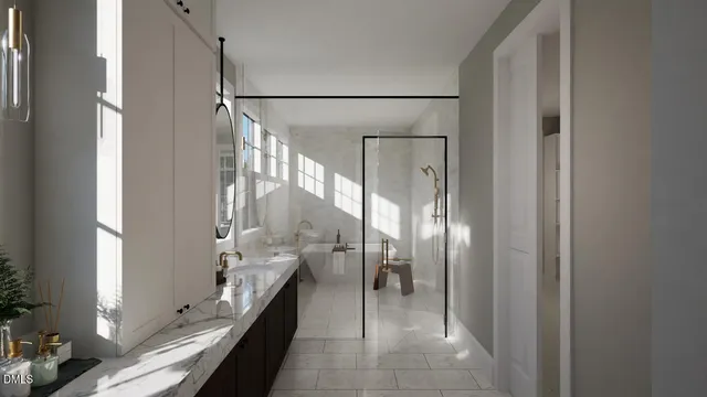 a bathroom with a glass door shower and sink