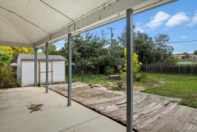 a view of a backyard with a tree