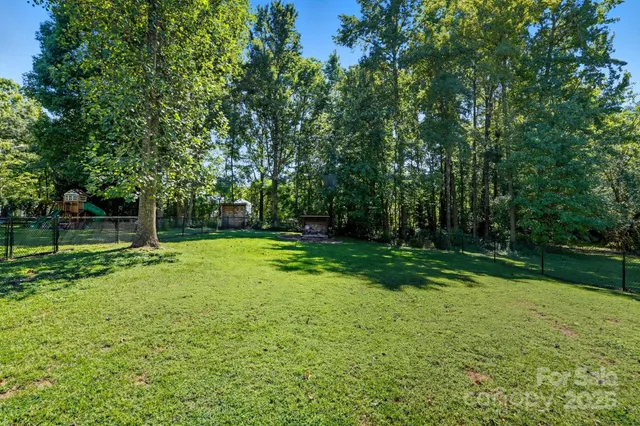 a view of a backyard with large trees