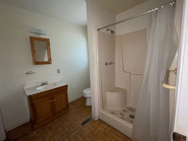 a bathroom with a sink a toilet and shower
