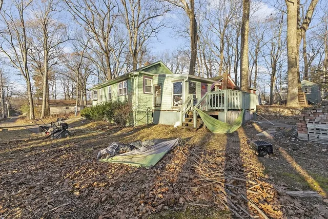 a view of a yard with a large tree