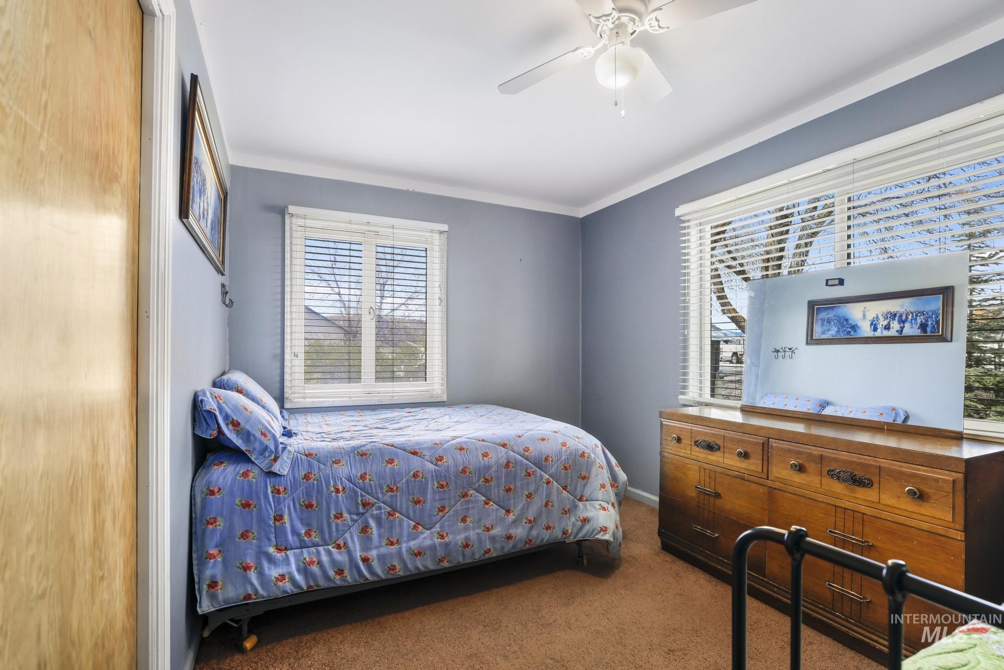 19591 Queen Crown Road Carey, ID 83320 - Photo 15 of 37 Carpeted room with a ceiling fan, two windows with blinds, light blue walls, and white trim