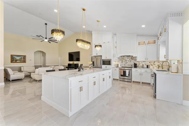a large kitchen with cabinets