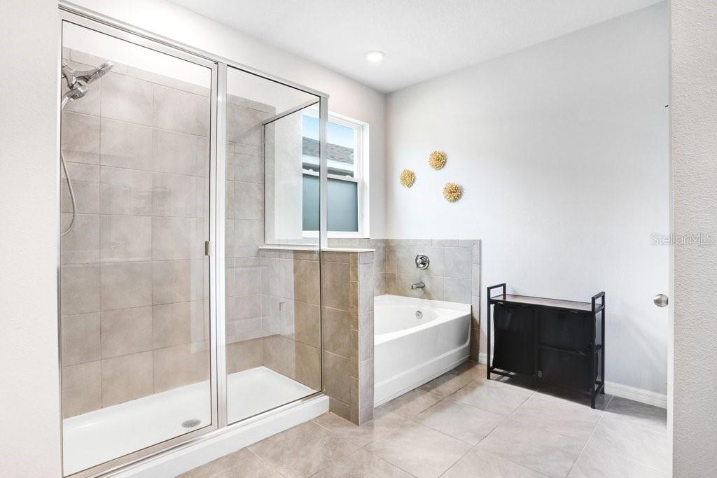 16619 Goose Ribbon Place Wimauma, FL 33598 - Photo 17 of 38 a bathroom with a tub mirror and shower