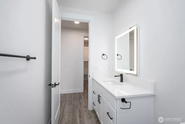 a bathroom with a sink a mirror and a shower