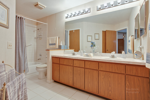 931 Ridgefield Lane Wheeling, IL 60090 - Photo 12 of 20 a bathroom with a granite countertop sink a toilet and a shower