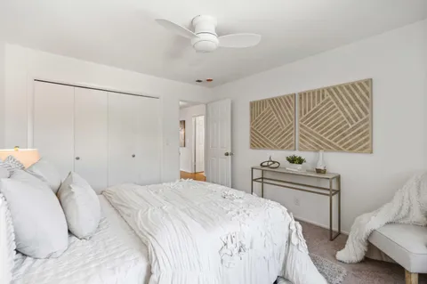 a view of a backyard with table and chairs potted plants and a large tree