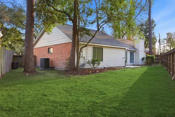 a view of a backyard with a large tree