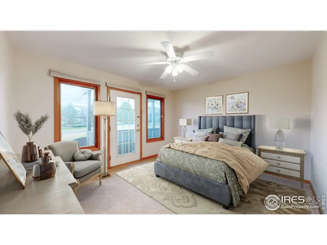 a living room with a bed furniture and a large window