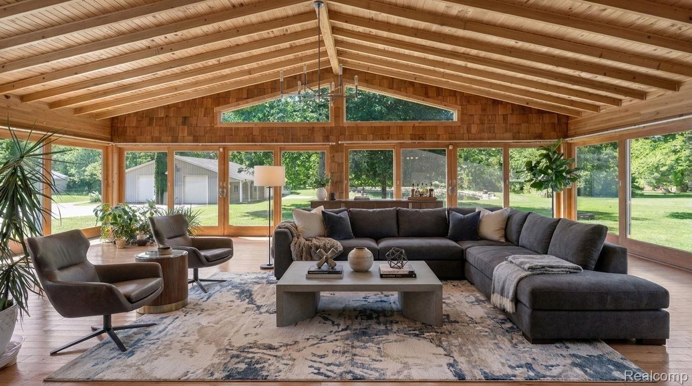 9353 Hill Road Swartz Creek, MI 48473 - Photo 33 of 98 Vaulted wood-plank ceiling with exposed beams, full-height window walls, and wood-finish flooring