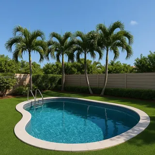 a view of a swimming pool with a yard and palm trees