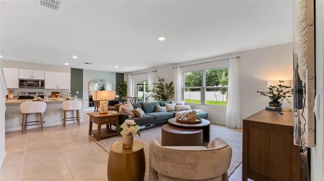 a living room with furniture and a potted plant