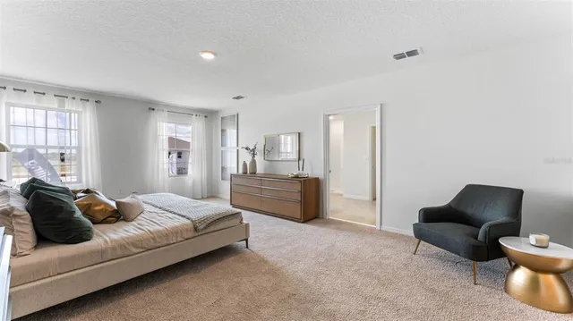 a spacious bedroom with a bed and a couch