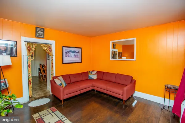 a living room with a couch and a potted plant