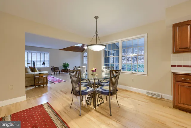 a view of a dining room with furniture kitchen and wooden floor