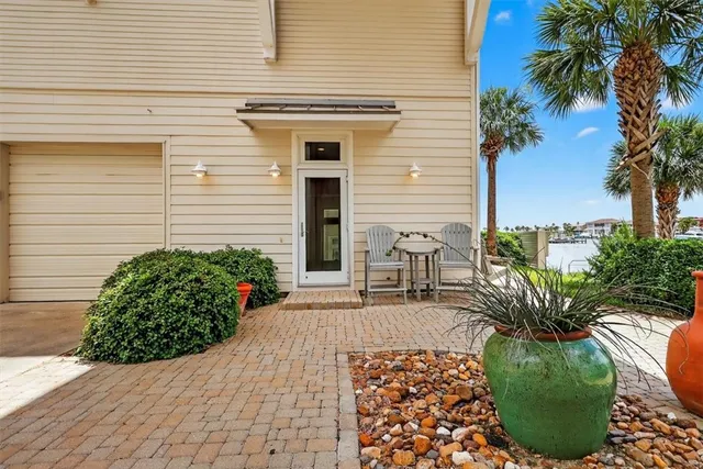 a view of a backyard with chairs potted plants and palm trees