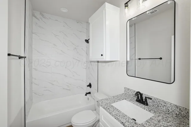 a bathroom with a granite countertop sink a toilet and shower