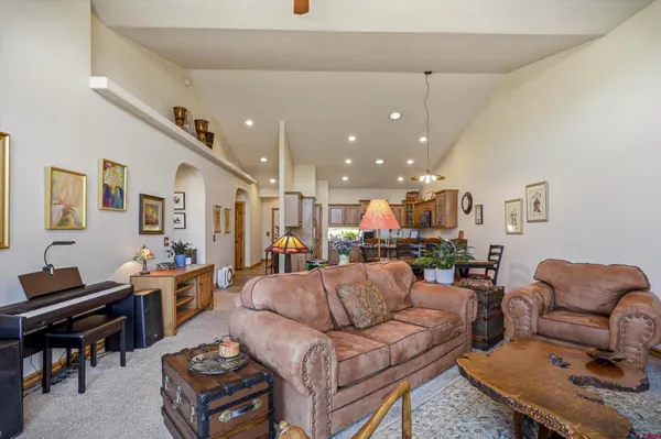 a view of a dining room with furniture