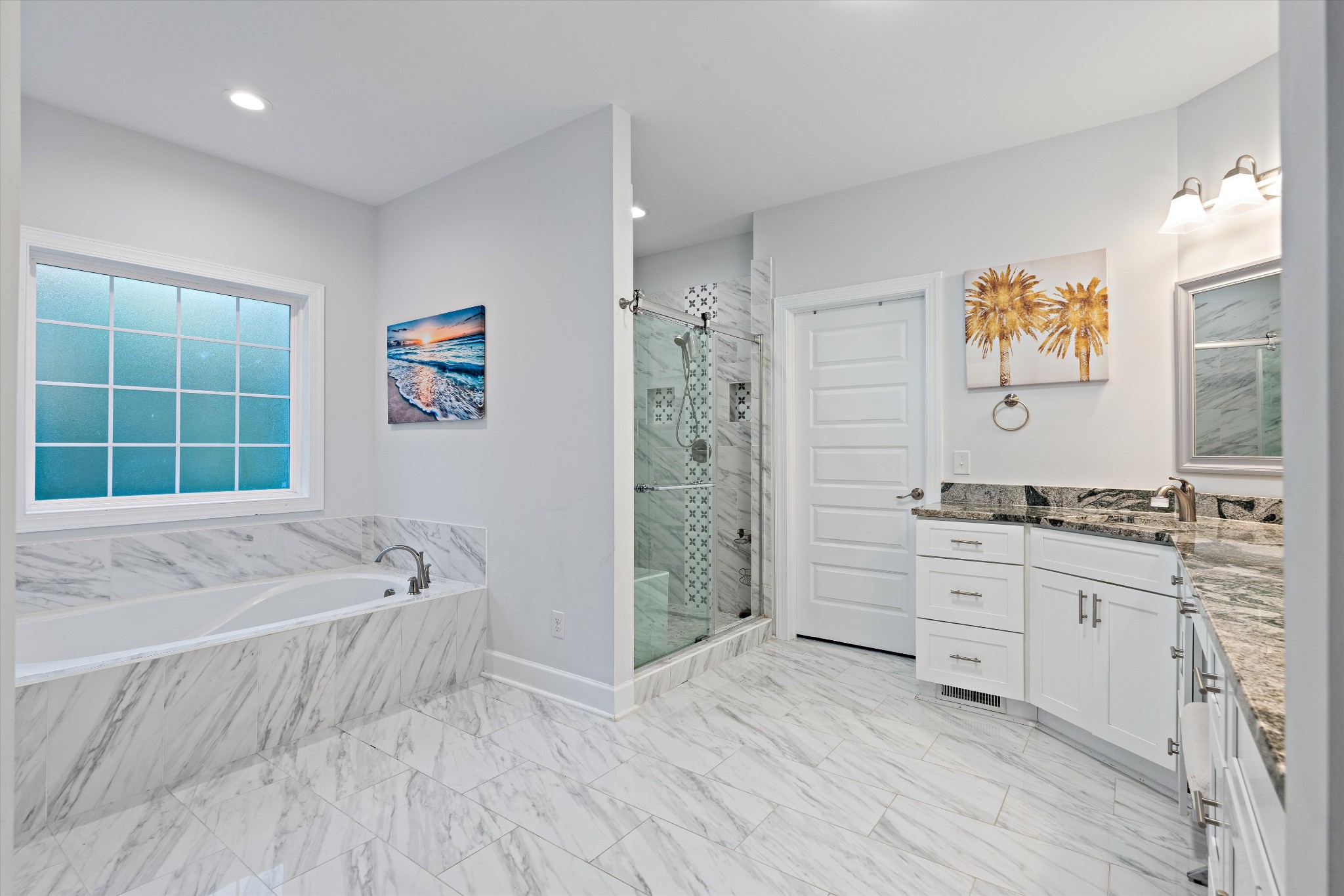 123 Chesapeake Court Lebanon, TN 37087 - Photo 24 of 62 a spacious bathroom with a granite countertop tub sink a mirror a shower and vanity