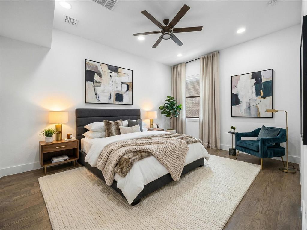 1920 Dowgate Court Dallas, TX 75204 - Photo 6 of 38 Bedroom featuring a ceiling fan, recessed lighting, and dark wood finished floors