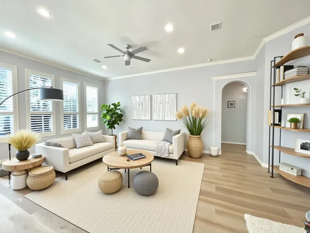 a living room with furniture and a potted plant