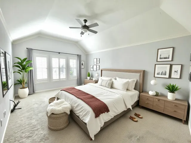 a spacious bedroom with a bed and ceiling fan