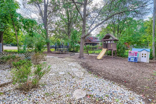 a small garden covered with tall trees