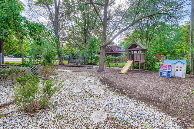 a small garden covered with tall trees