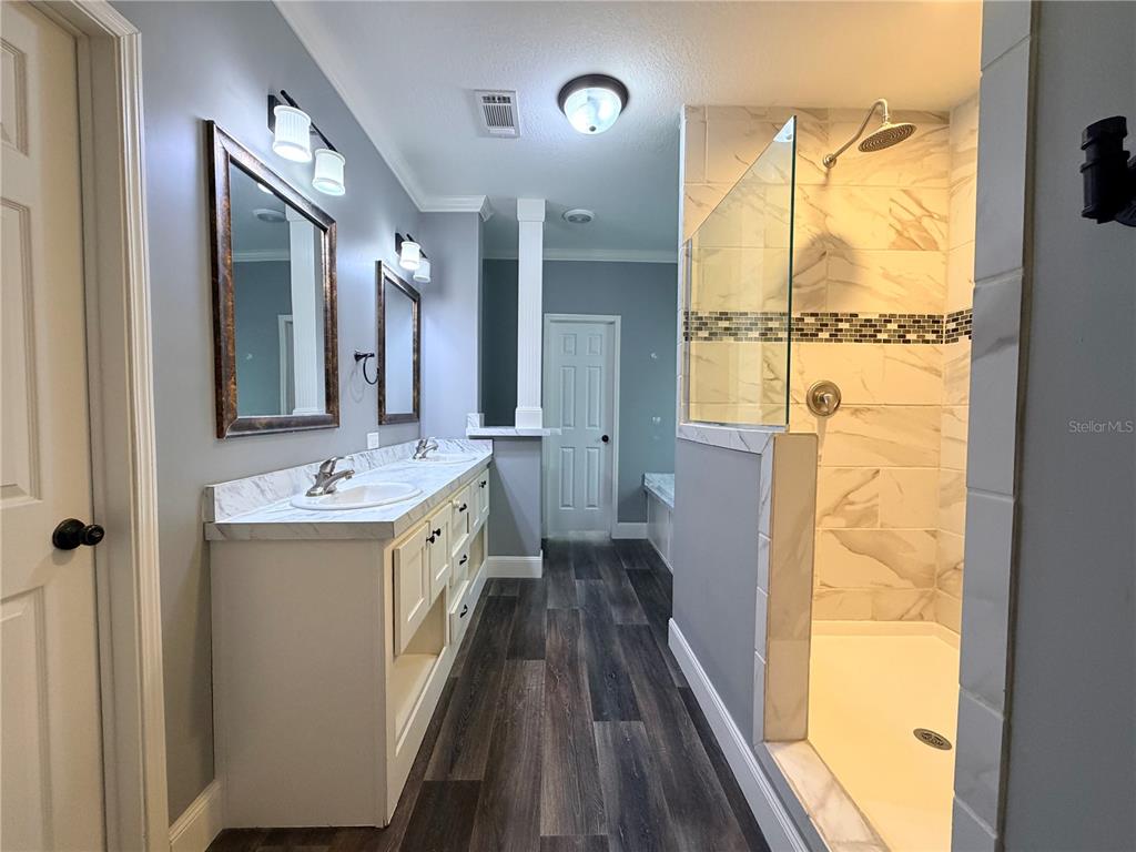 4440 Southwest 63rd Boulevard Gainesville, FL 32608 - Photo 6 of 49 a bathroom with a granite countertop sink and mirror with bathtub