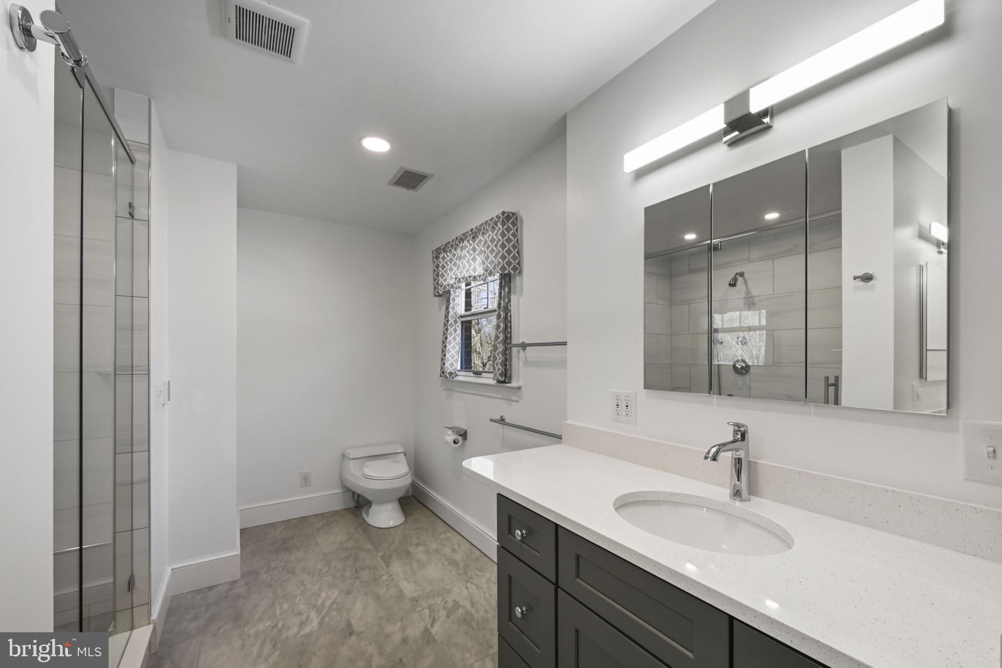 16966 Teagues Point Road Hughesville, MD 20637 - Photo 28 of 72 a bathroom with a granite countertop sink a toilet and a mirror