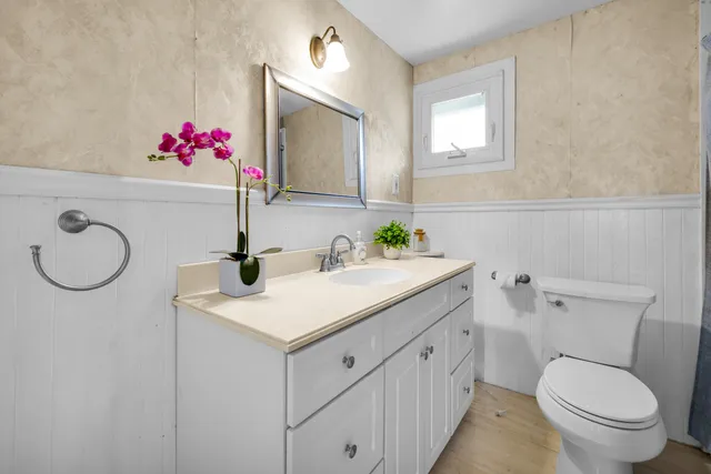 a bathroom with a sink vanity mirror and toilet