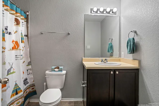 a bathroom with a sink a toilet and shower curtain