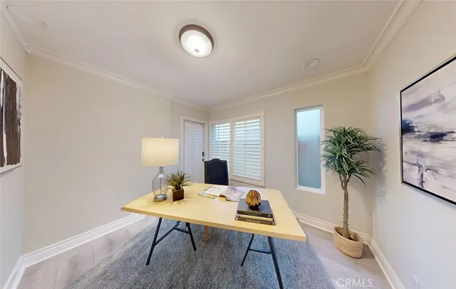 a view of a dining room with furniture