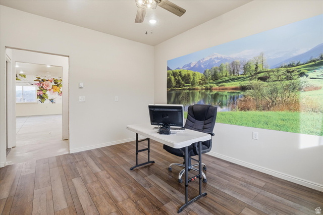 165 Main Street Georgetown, ID 83239 - Photo 8 of 50 Home office with wood finished floors, a ceiling fan, and recessed lighting
