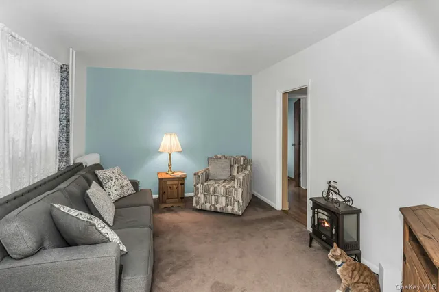 a living room with furniture and a lamp