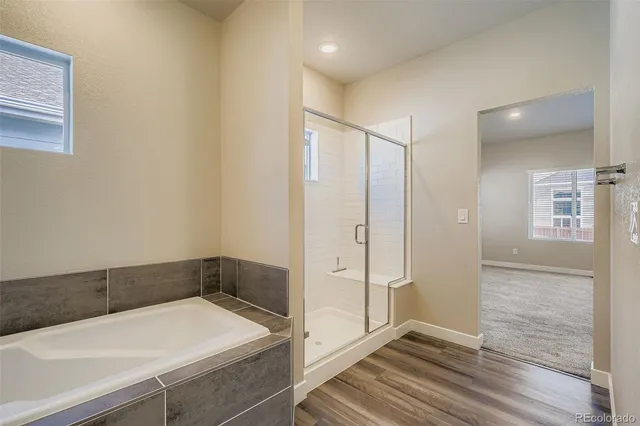 a bathroom with a tub and shower