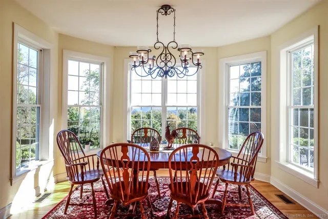 a view of a dining room with furniture window and outside view
