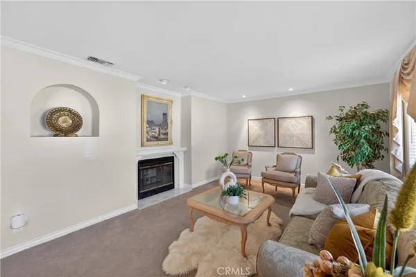 a living room with furniture or couch and a fireplace